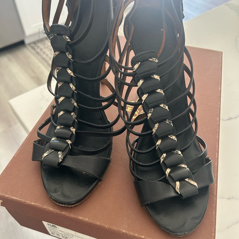 Coach Black Strappy Heels With Snake Print